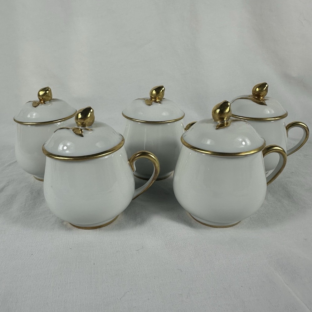5 Antique Coiffe Limoges Pot de Crème France Porcelain White And Gold